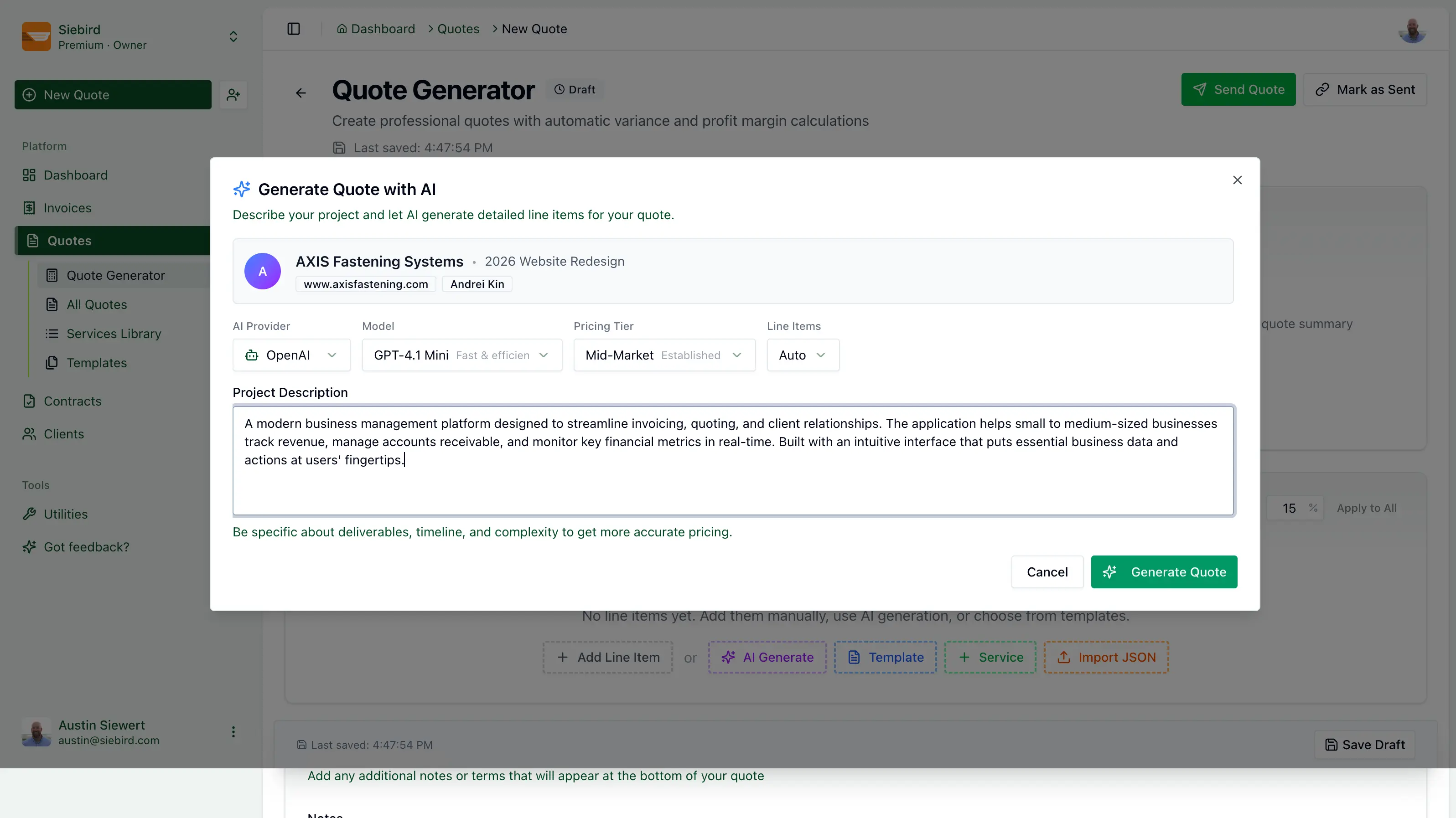 AI quote generation in Tillage